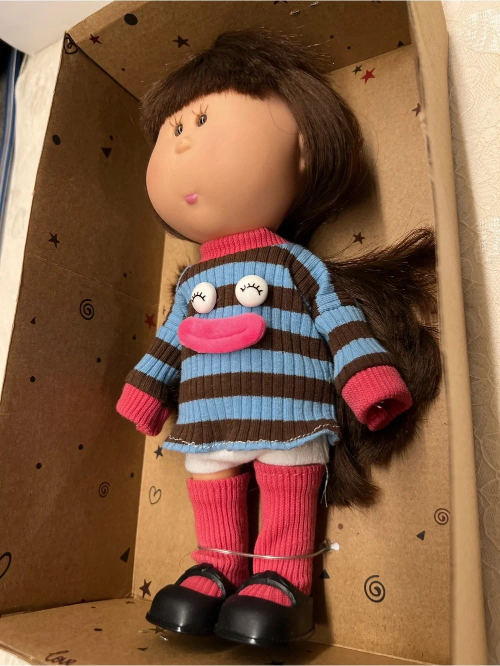 New, Mia Brown Hair Doll in Blue & Brown Striped Outfit with Pink Accents
